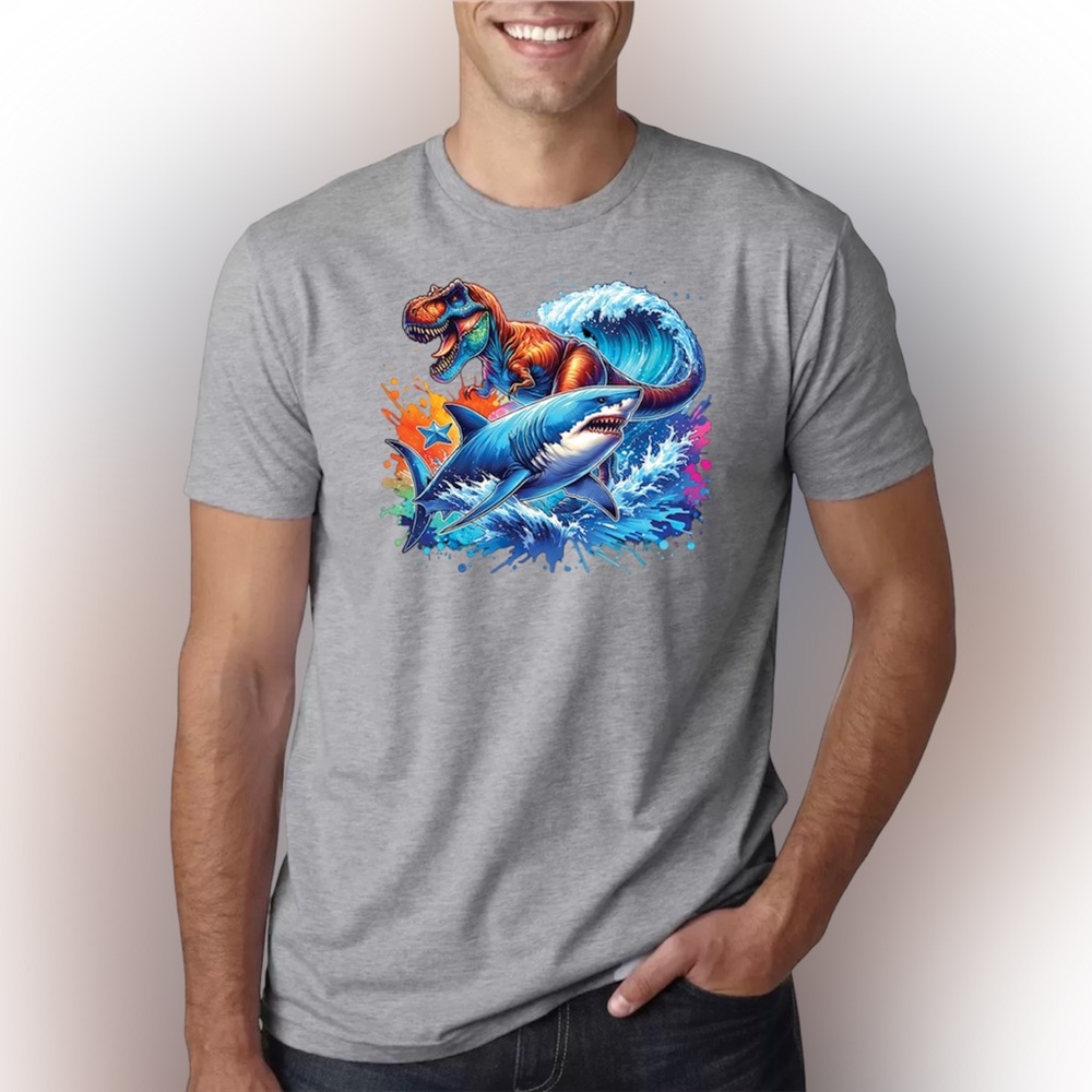 Epic Dinosaur vs Shark T-Shirt – Colorful Ocean Splash Graphic Tee